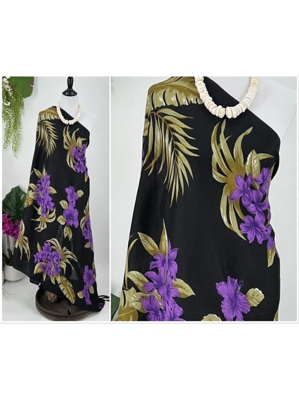 Black Purple Gold Hibiscus Palm Tropical MAXI SARONG Kīkepa Pareo Beach Wrap